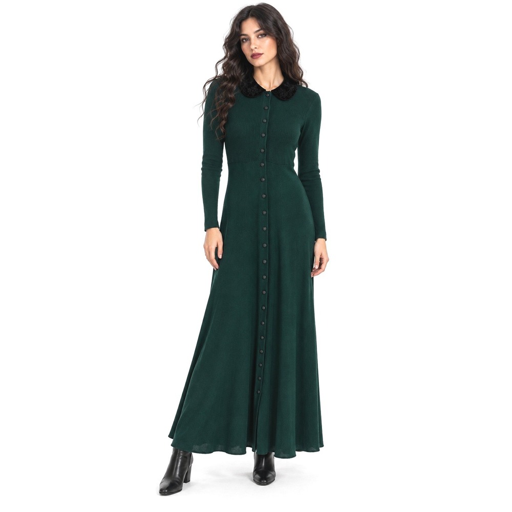 VTG 80s John Roberts Green Knit Maxi Dress 8 Velvet Collar Dark Romantic Gothic
